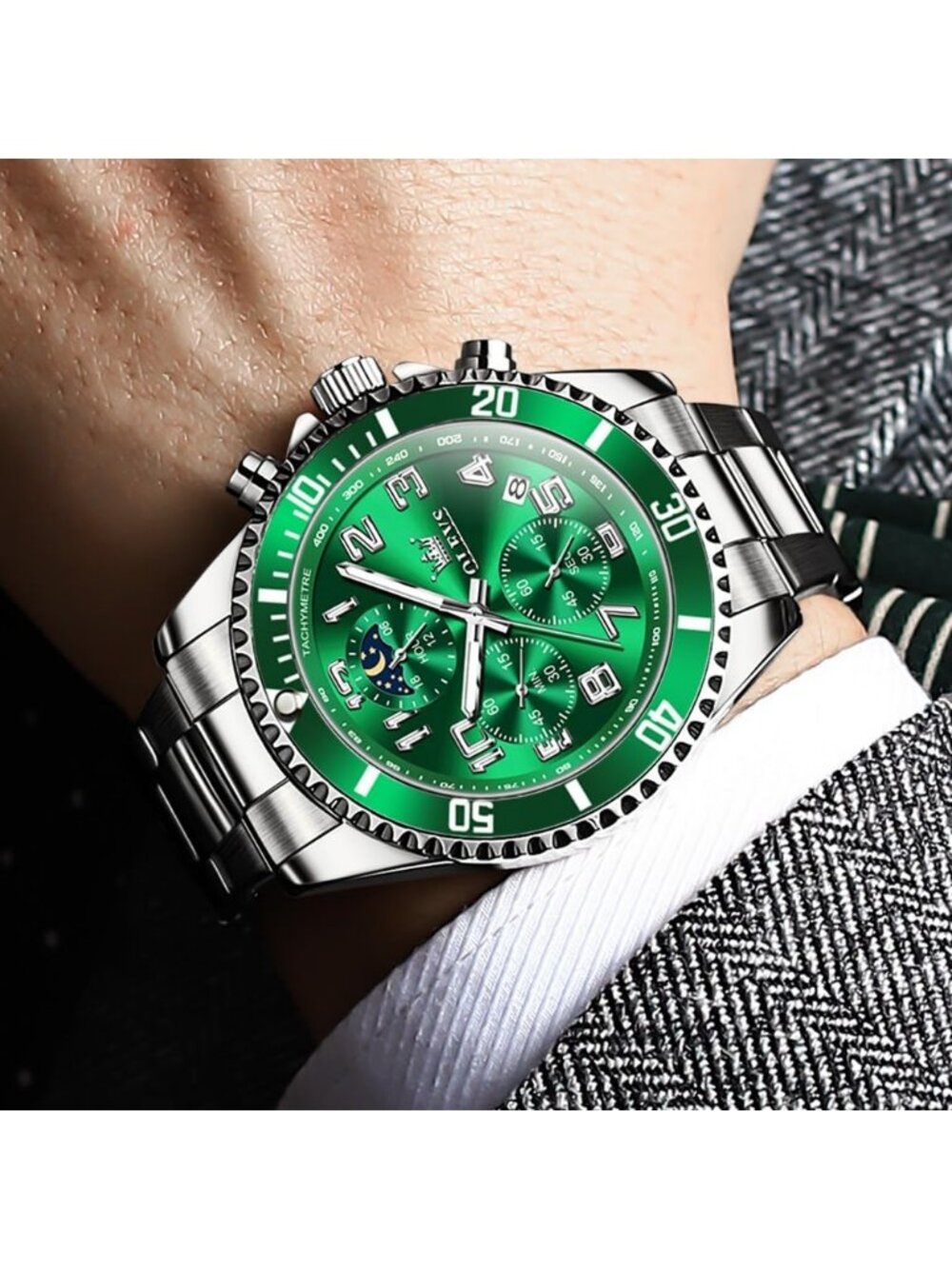 Men's Silver Green Stainless Steel Waterproof Quartz Big Face Fashion Wristwatch - Picture 2 of 6